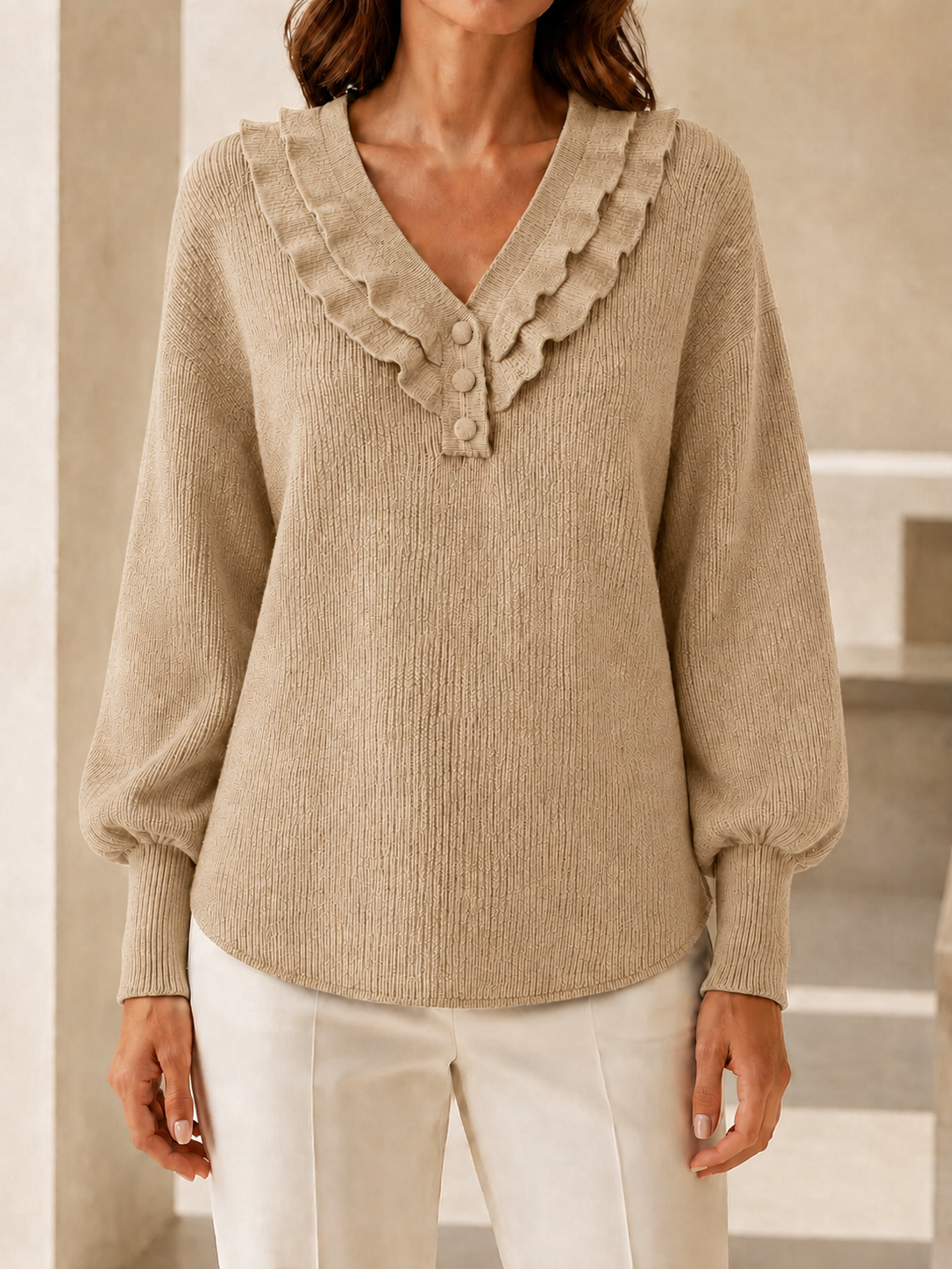  New Arrivals🔥Women’s Ruffle V-Neck Button-Detail Knit Sweater with Balloon Sleeves