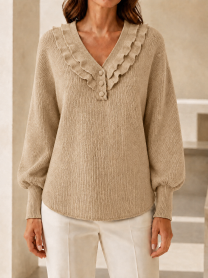  New Arrivals🔥Women’s Ruffle V-Neck Button-Detail Knit Sweater with Balloon Sleeves