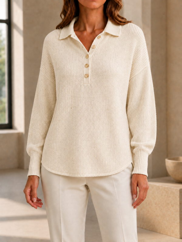 New Arrivals🔥Women’s Casual Polo Collar Button-Detail Knit Sweater with Relaxed Fit