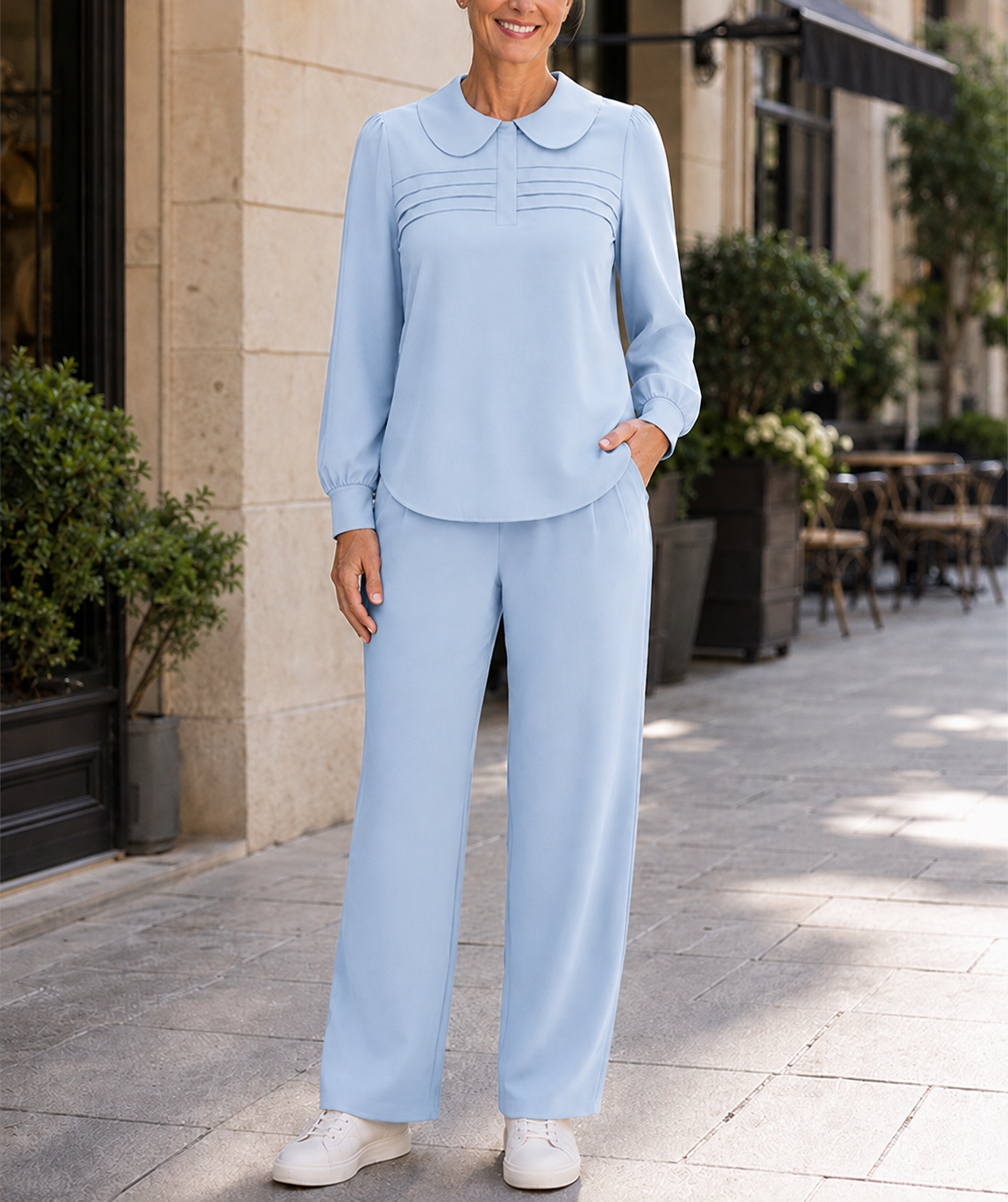 CLEARANCE SALE🔥Women’s Elegant Peter Pan Collar Pleated Detail Two-Piece Pants Set