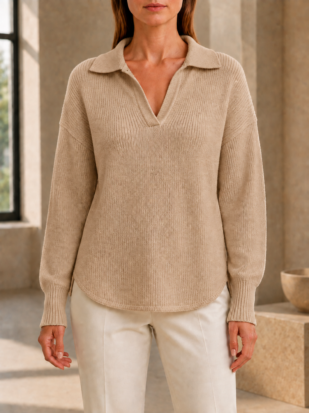 New Arrivals🔥Women’s Relaxed Polo Collar V-Neck Long Sleeve Knit Sweater
