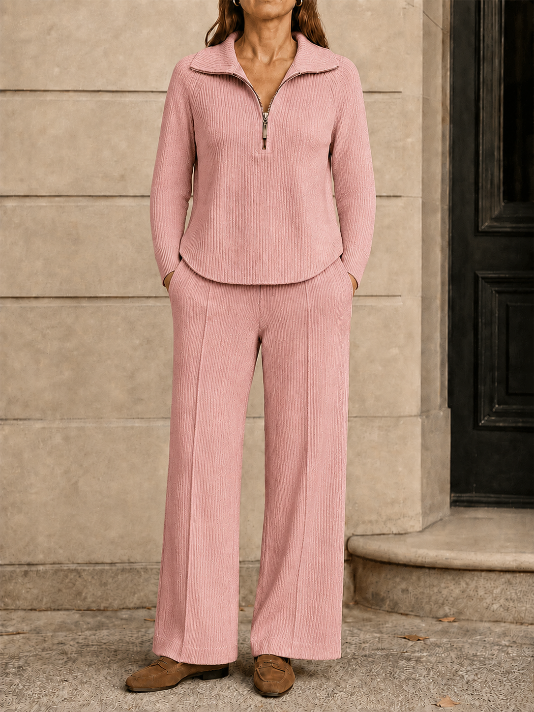 New Arrival 🔥Women’s Quarter-Zip Textured Knit Sweater and Straight-Leg Pants Two-Piece Set