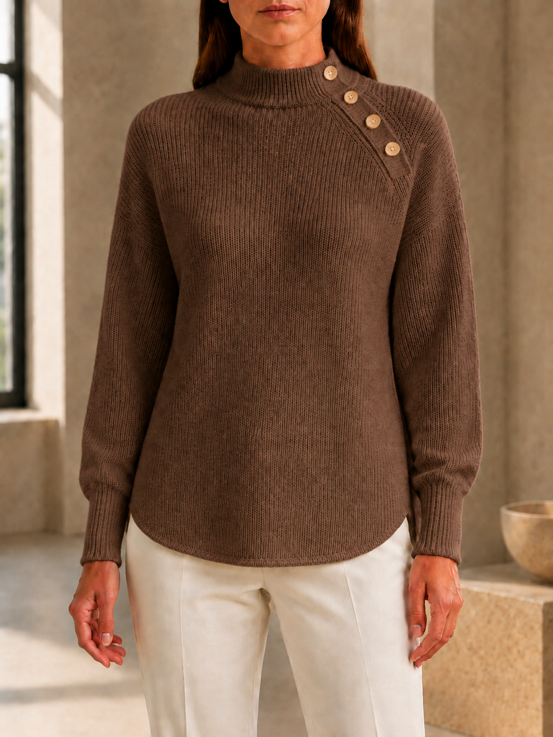 CLEARANCE SALE🔥Women’s Mock Neck Button-Detail Relaxed Fit Knit Sweater