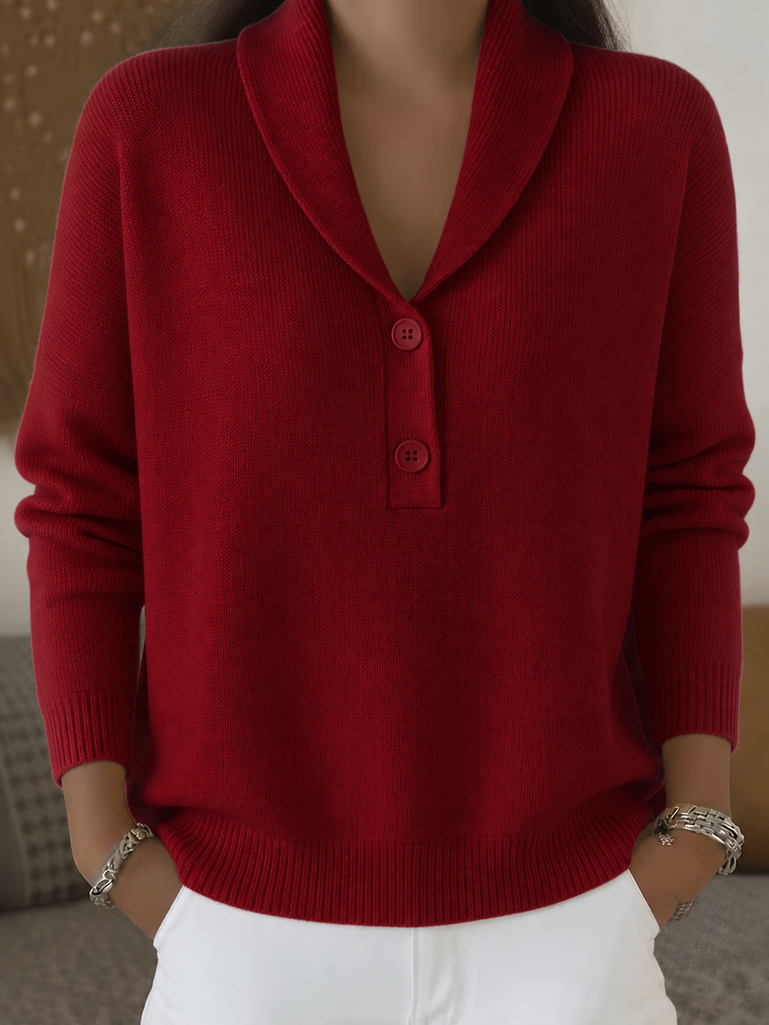 CLEARANCE SALE🔥Women’s Shawl Collar Button-Detail Relaxed Fit Knit Sweater