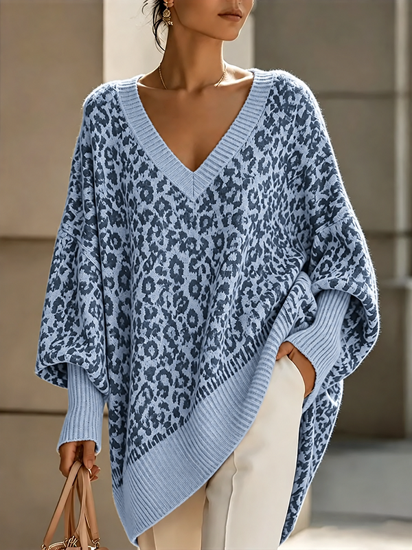 New Arrival🔥Women’s Leopard Print V Neck Oversized Knit Poncho Sweater