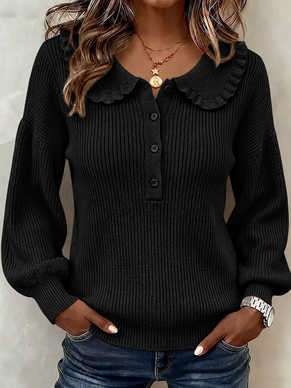 CLEARANCE SALE💥Ruffled Ribbed Knit Sweater With Partial Button Placket