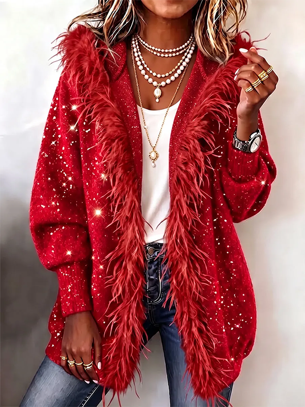 Women’s Sequin Feather-Trim Open-Front Party Cardigan Jacket