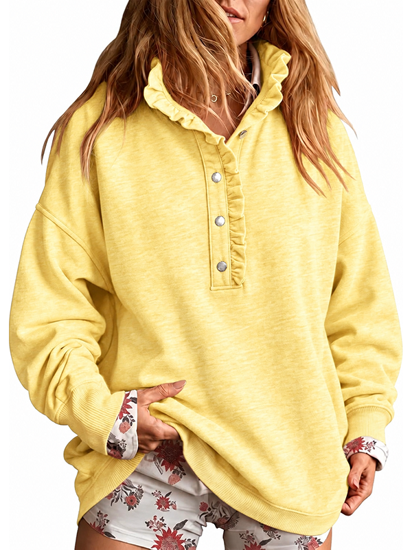 Women’s Ruffle Collar Henley Button Relaxed Fit Sweatshirt