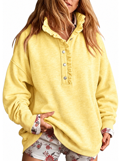 Women’s Ruffle Collar Henley Button Relaxed Fit Sweatshirt