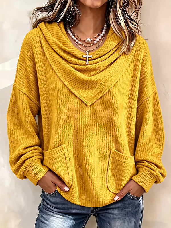 CLEARANCE SALE🔥Women’s Draped Cowl Neck Ribbed Knit Pullover Sweater with Pockets