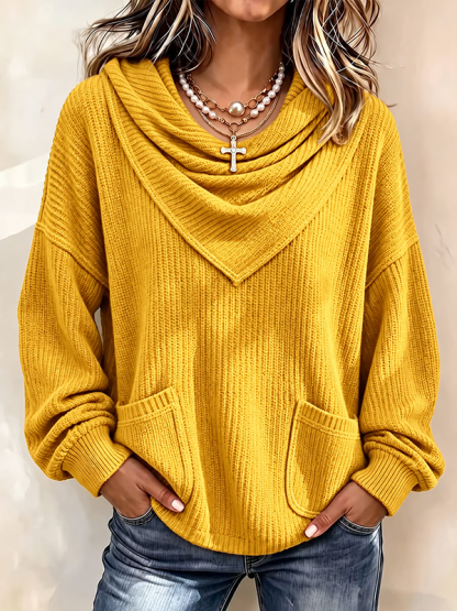 CLEARANCE SALE🔥Women’s Draped Cowl Neck Ribbed Knit Pullover Sweater with Pockets