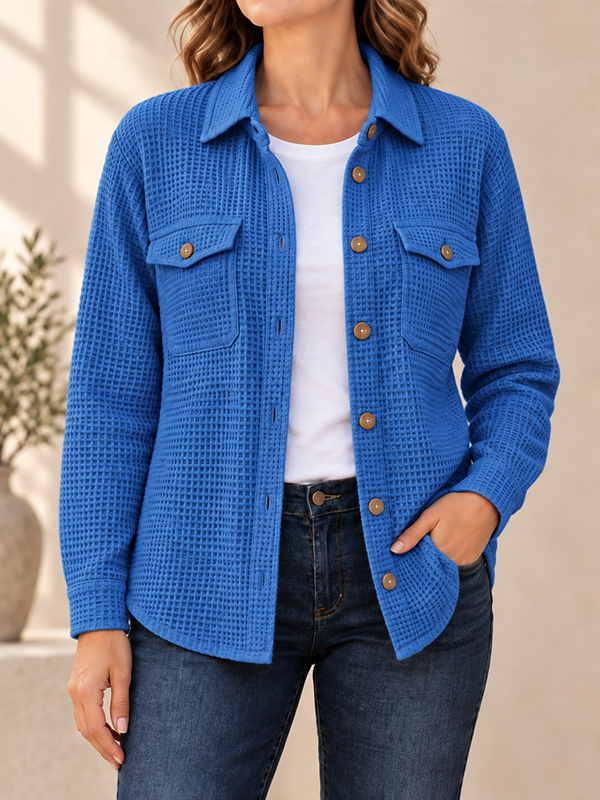 CLEARANCE SALE🔥Women’s Textured Waffle Knit Button Front Collared Shacket with Flap Pockets
