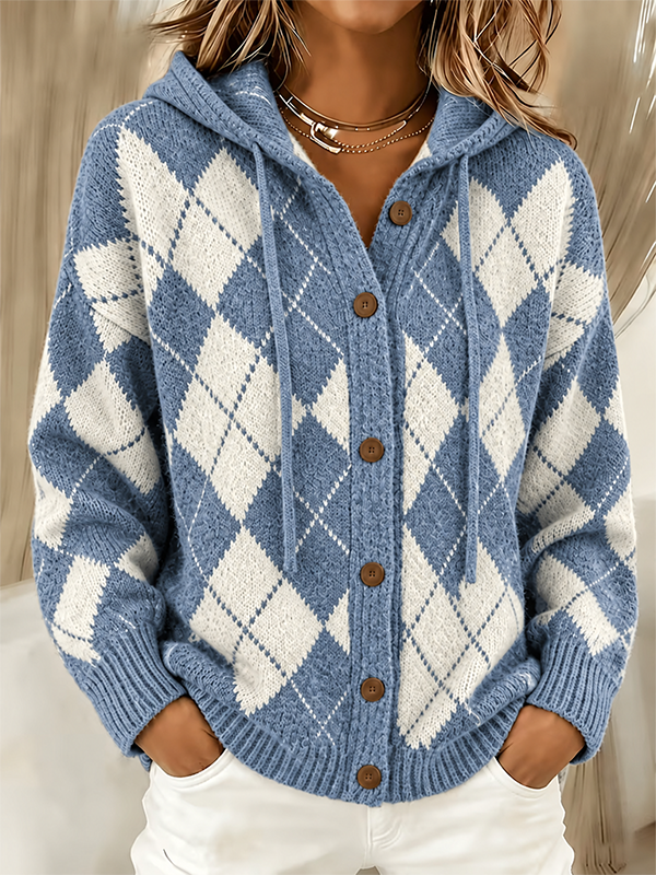 CLEARANCE SALE🔥 Women’s Argyle Hooded Button Front Knit Cardigan Sweater