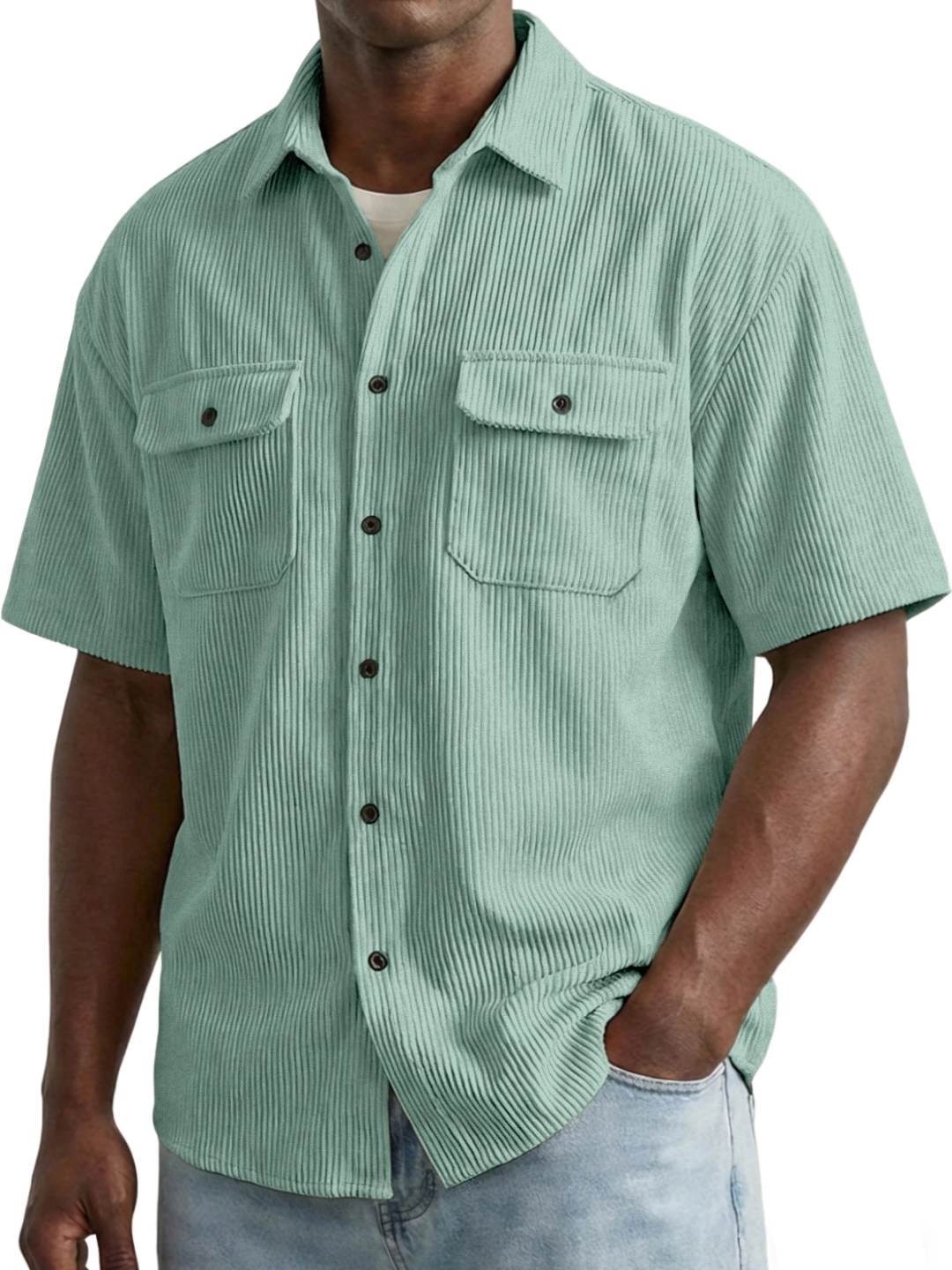 Men's Retro Solid Color Vertical Ribbed Double Pocket Short-Sleeve Shirt