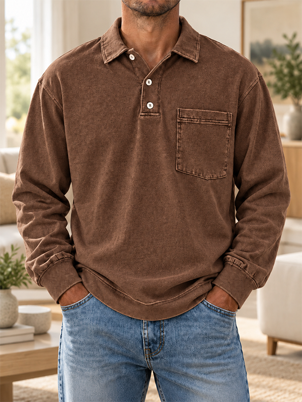 Men’s Vintage Washed Polo Collar Long Sleeve Pullover Shirt with Chest Pocket