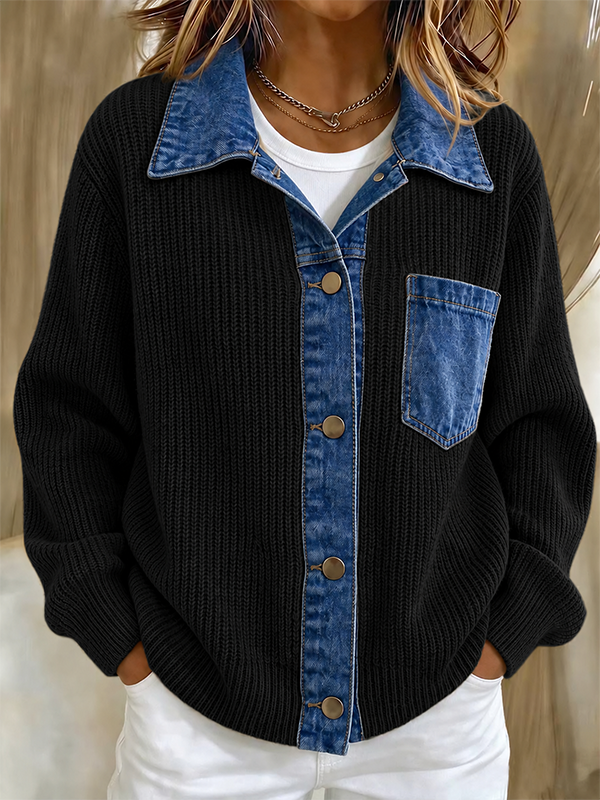 New Arrival 🔥Women’s Contrast Denim Collar Button Front Knit Cardigan with Chest Pocket