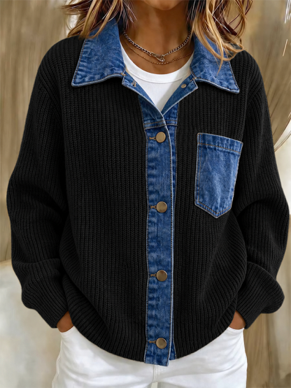 New Arrival 🔥Women’s Contrast Denim Collar Button Front Knit Cardigan with Chest Pocket