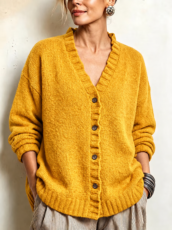 CLEARANCE SALE🔥Women’s Ruffle Trim V-Neck Button-Front Textured Knit Cardigan Sweater