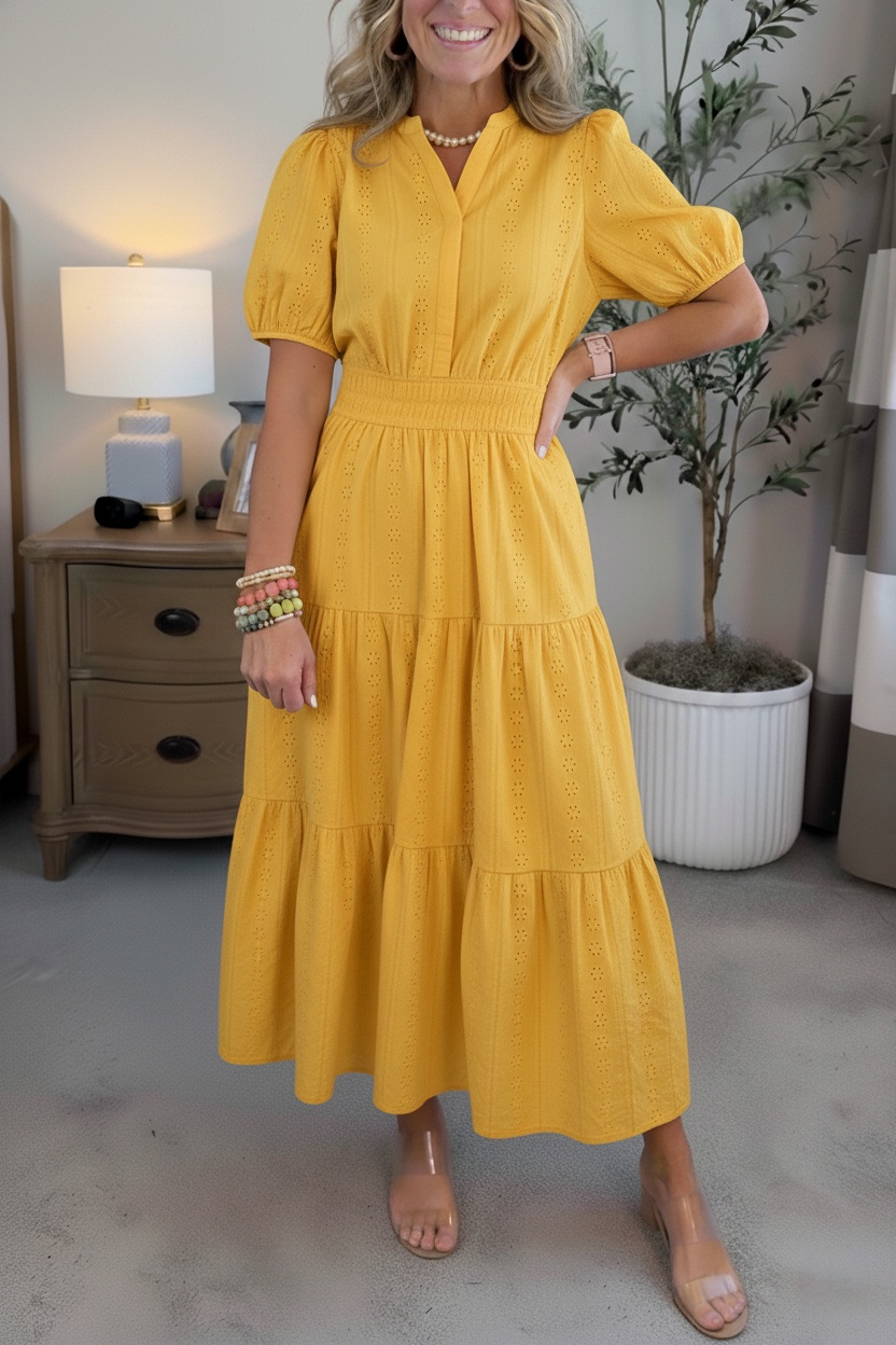 NEW🔥Women’s Puff Sleeve V-Neck Smocked Maxi Dress