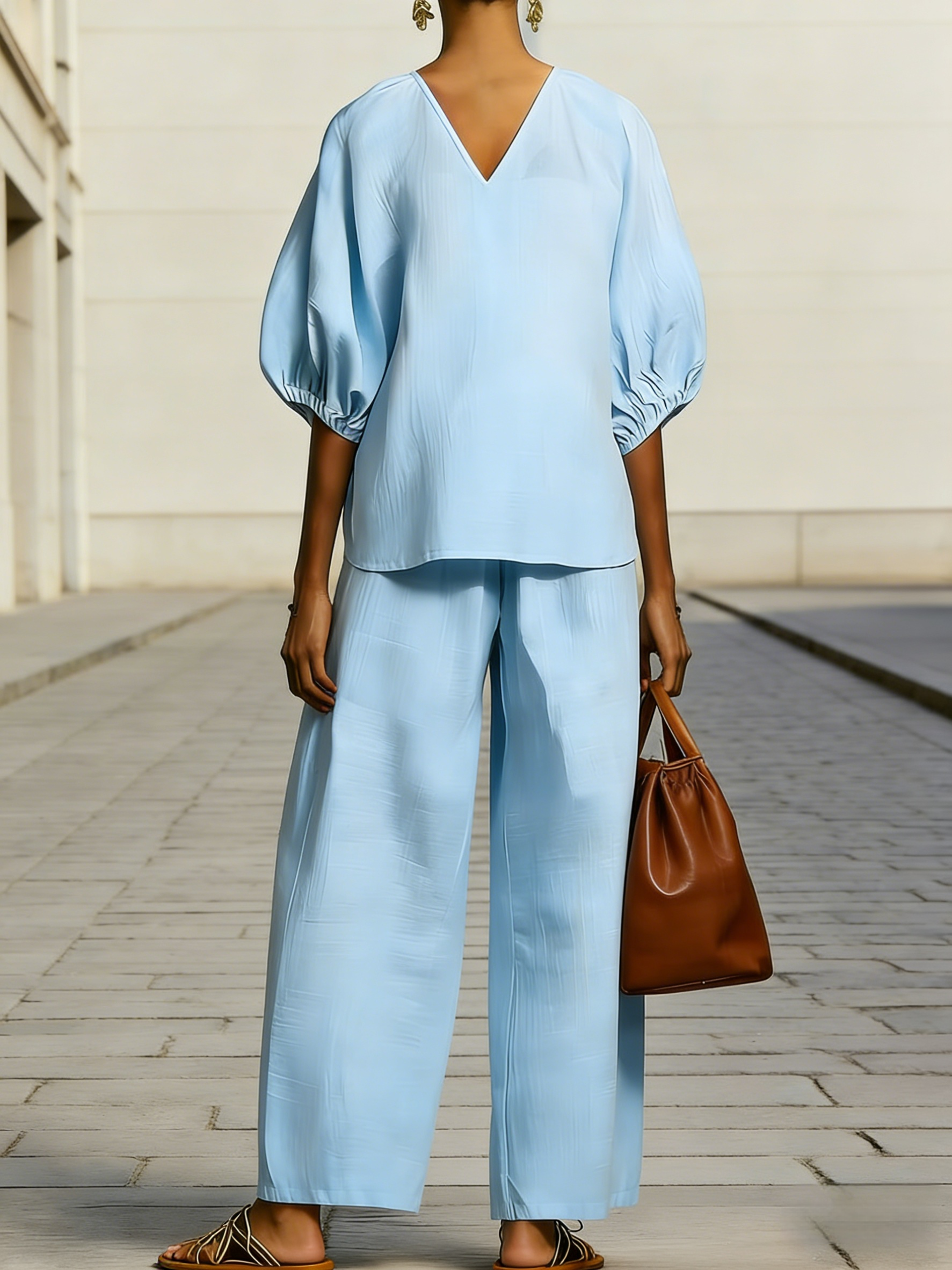 Women's Minimalist Casual Cotton-linen V-neck Set
