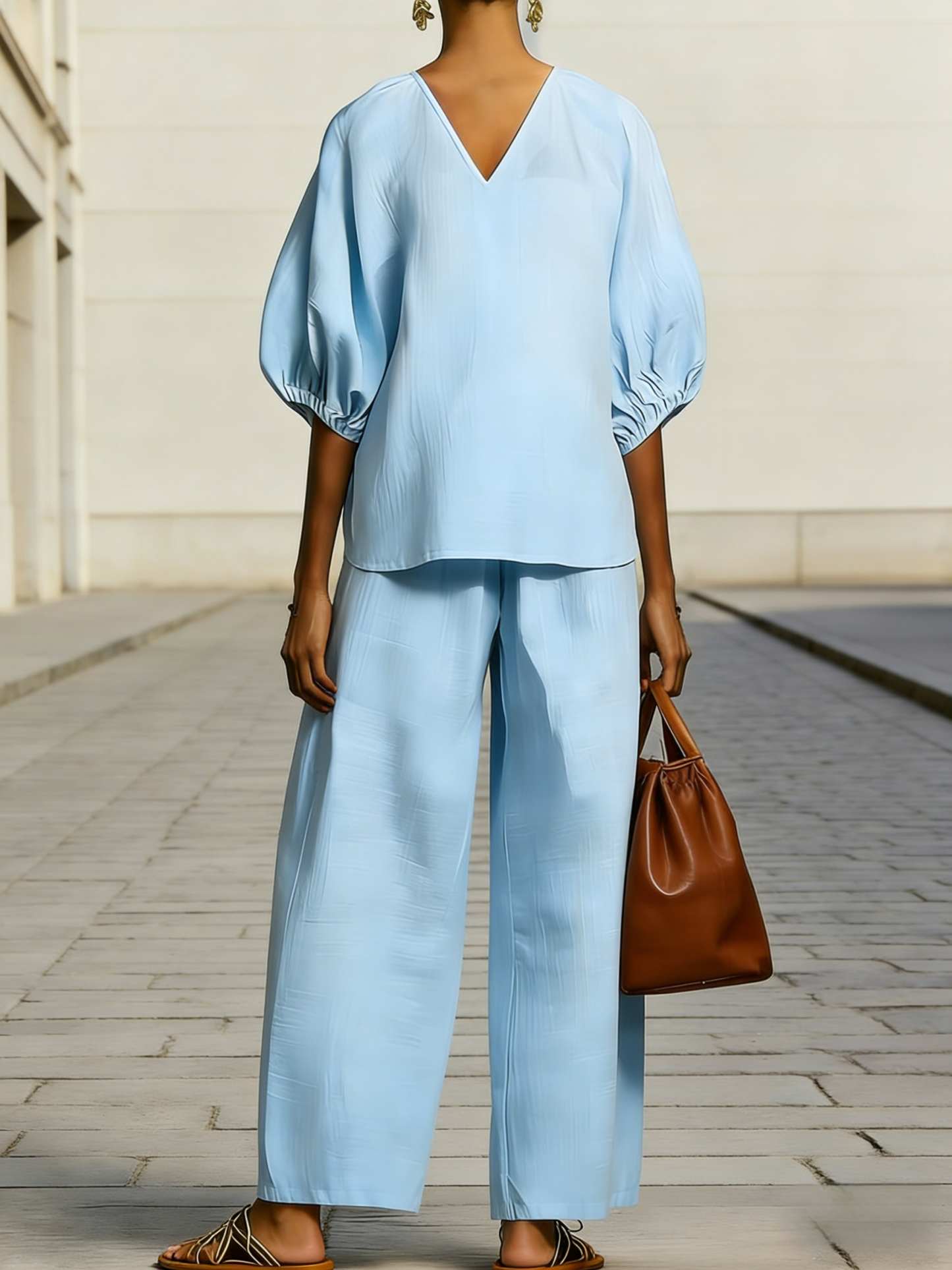 Women's Minimalist Casual Cotton-linen V-neck Set