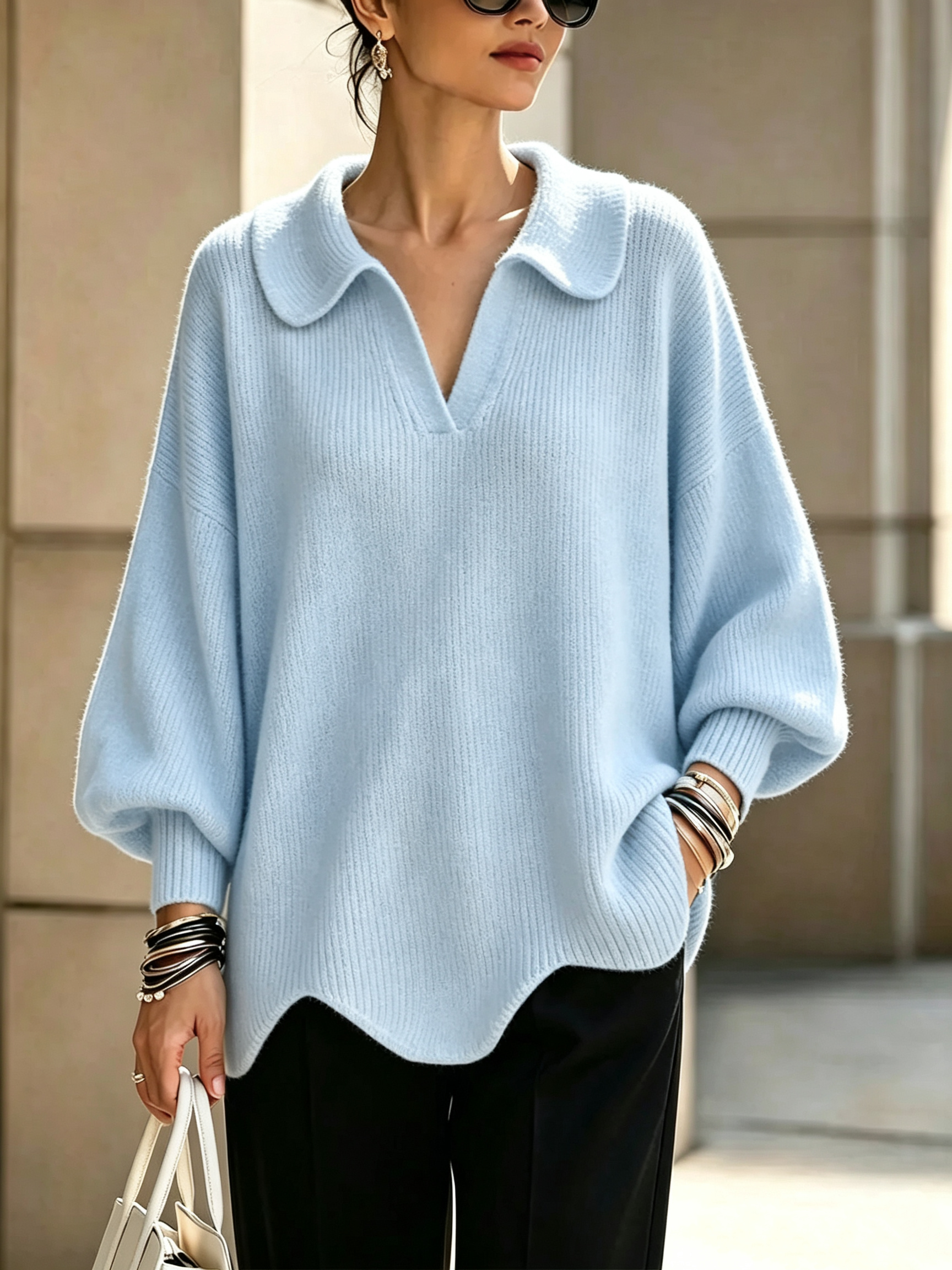 CLEARANCE SALE🔥Women's Solid Color Collared Long-sleeved Casual Loose Pullover Knit Sweater