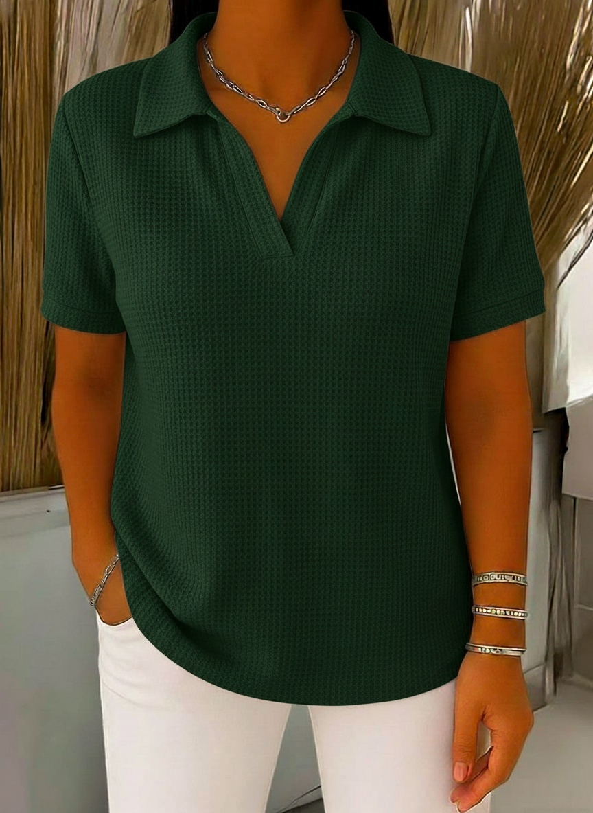 Women's Solid-color V-neck Short-sleeve Casual Waffle-knit Cotton Top