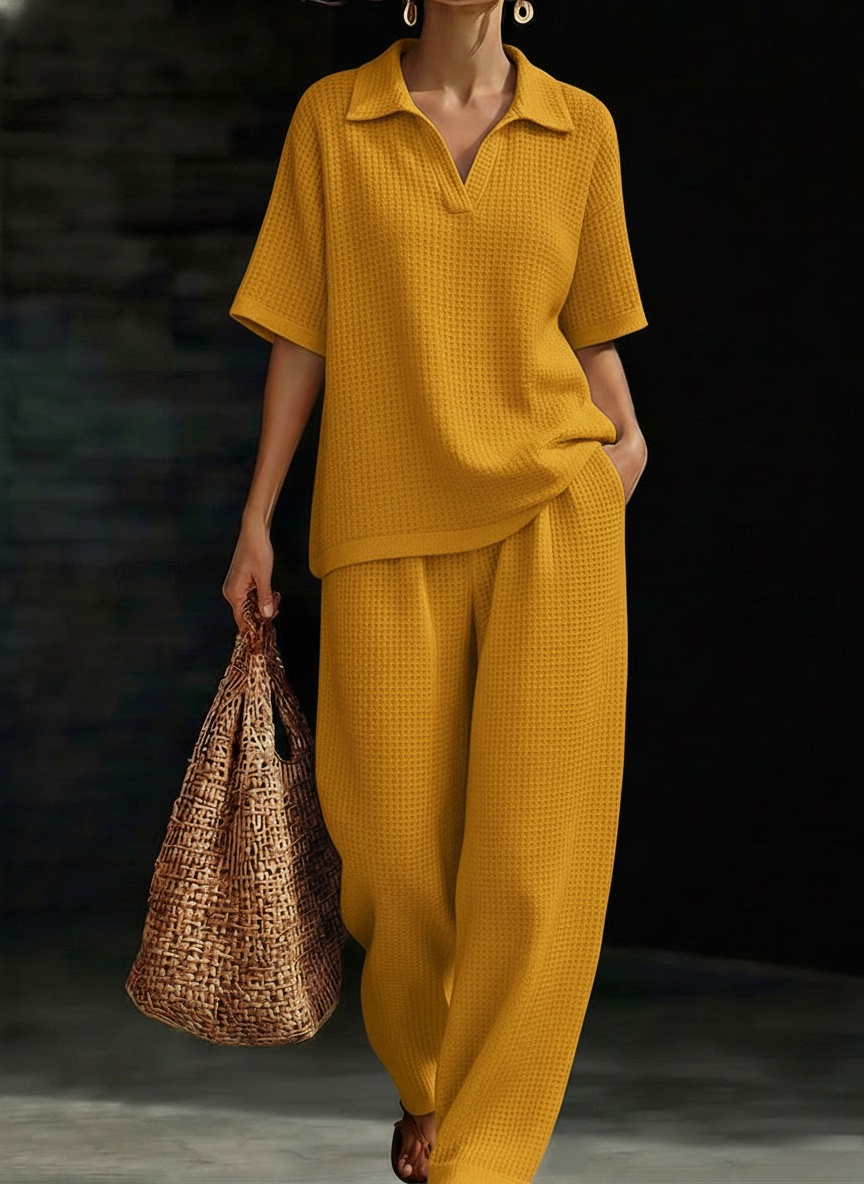 New Arrivals🔥Women's Solid-Color V-Neck Short-Sleeve Casual Waffle-Knit Cotton Top and High-Waisted Wide-Leg Pants Set