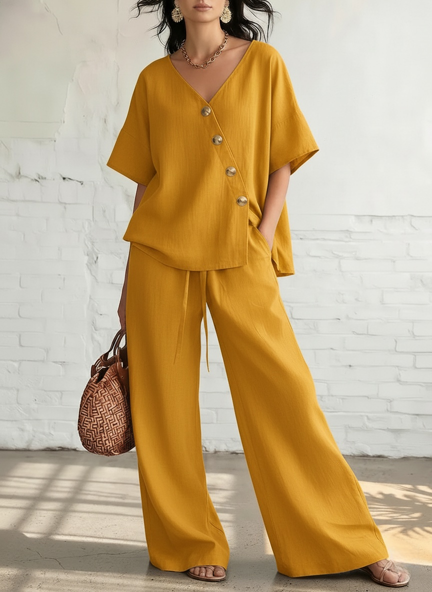 New Arrivals🔥Women's Cozy & Elegant Metal Buttons Cotton-linen Two-piece Set