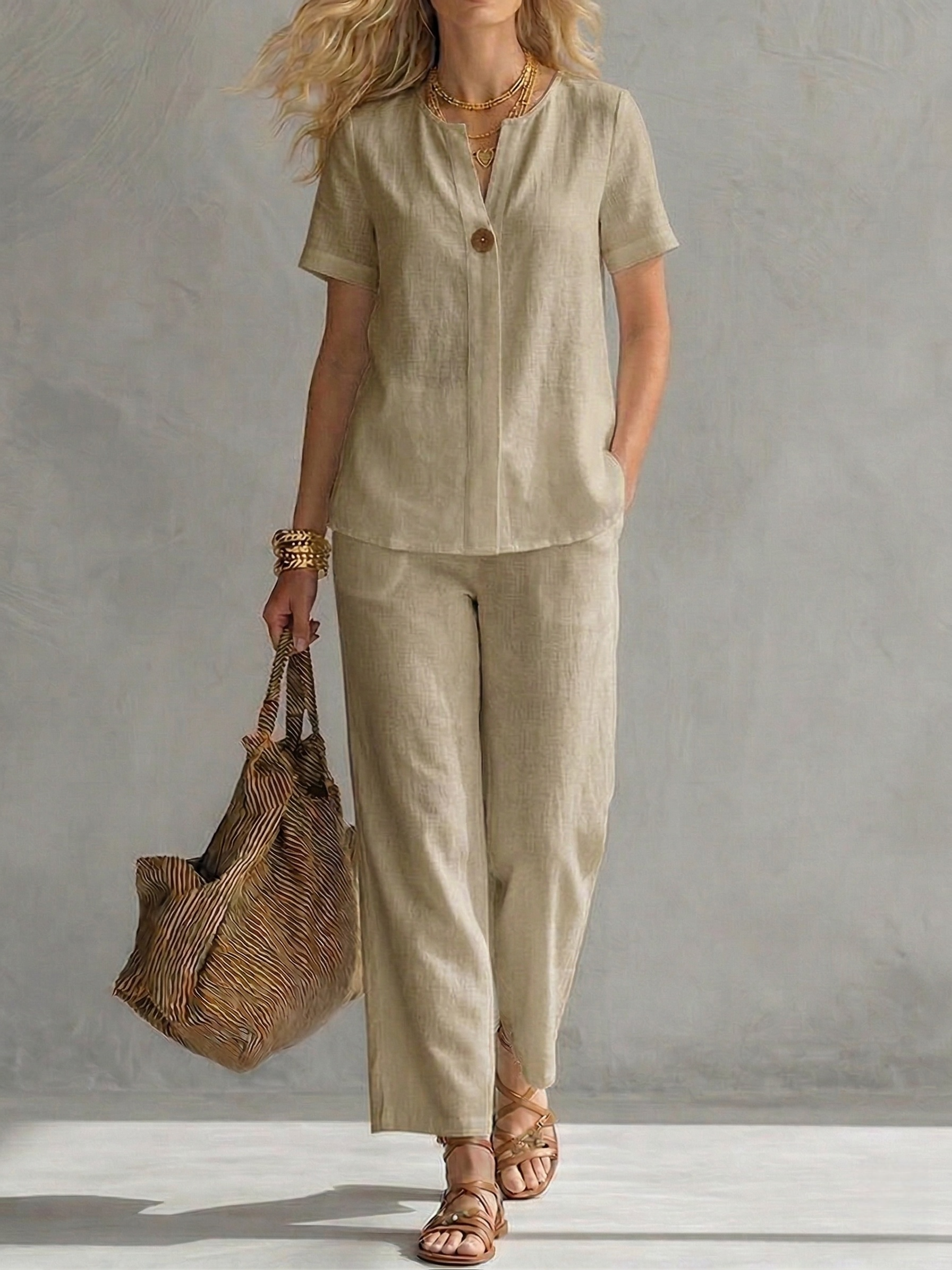 New Arrivals🔥Women's Cotton-Linen Short-Sleeve V-Neck Top and Trousers Set