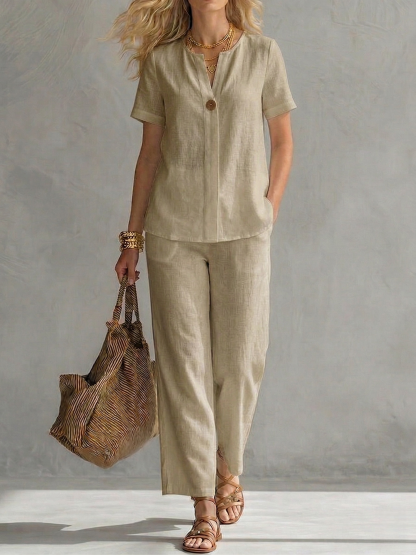 New Arrivals🔥Women's Cotton-Linen Short-Sleeve V-Neck Top and Trousers Set