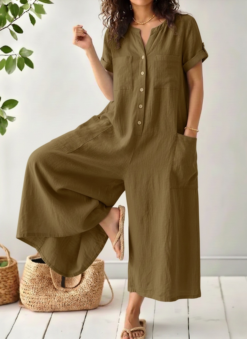 Casual Short-sleeve Linen-cotton Wide-leg Jumpsuit
