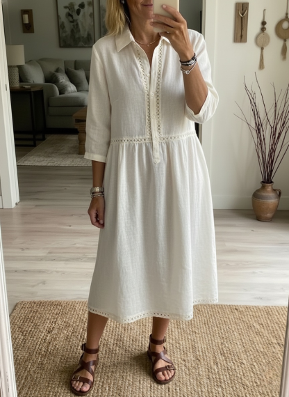 Casual Patchwork Openwork Ribbon Linen And Cotton Dress