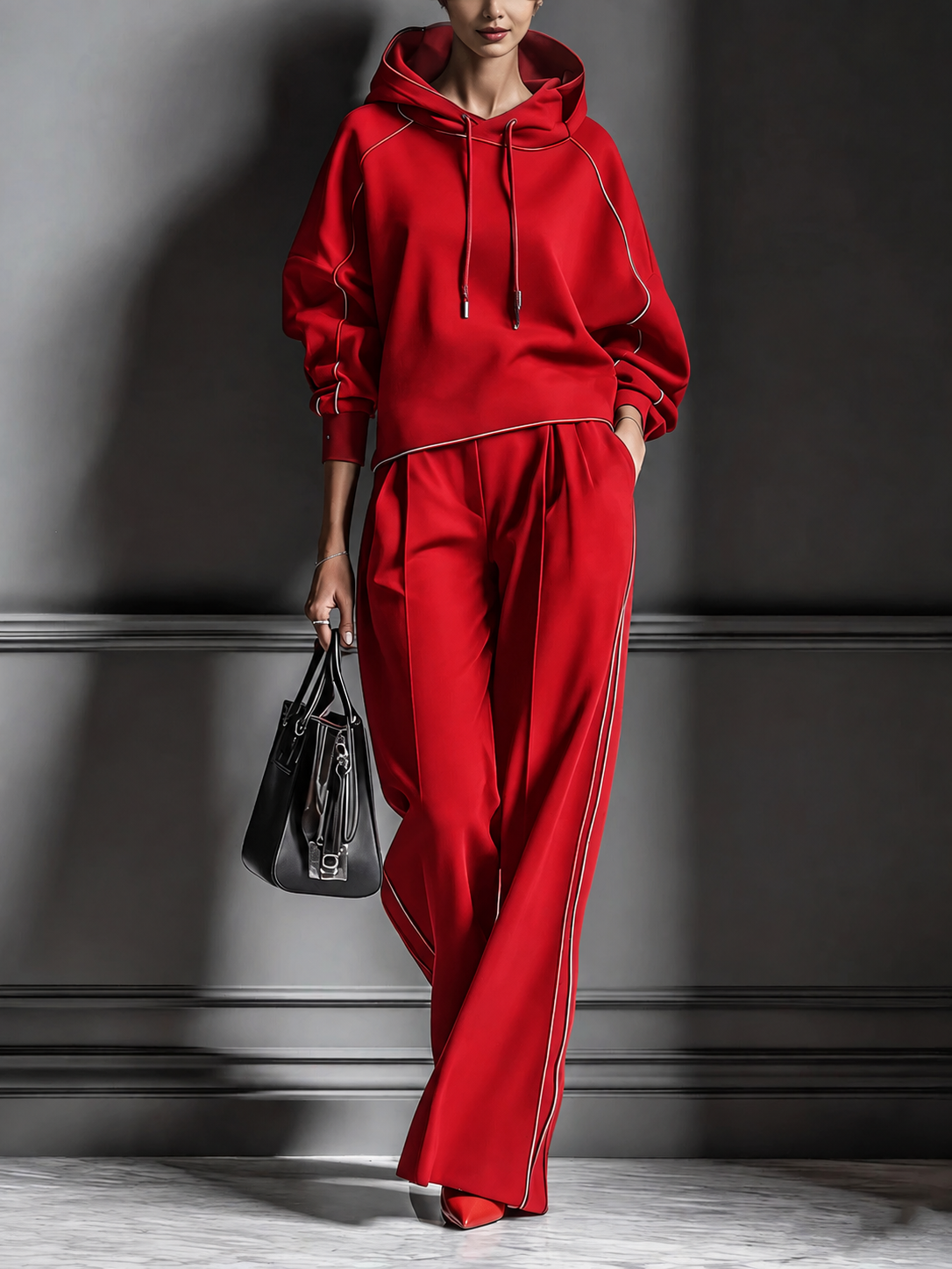 CLEARANCE SALE🔥Women’s Chic Charcoal Grey Red-Trimmed Hooded Tracksuit Set