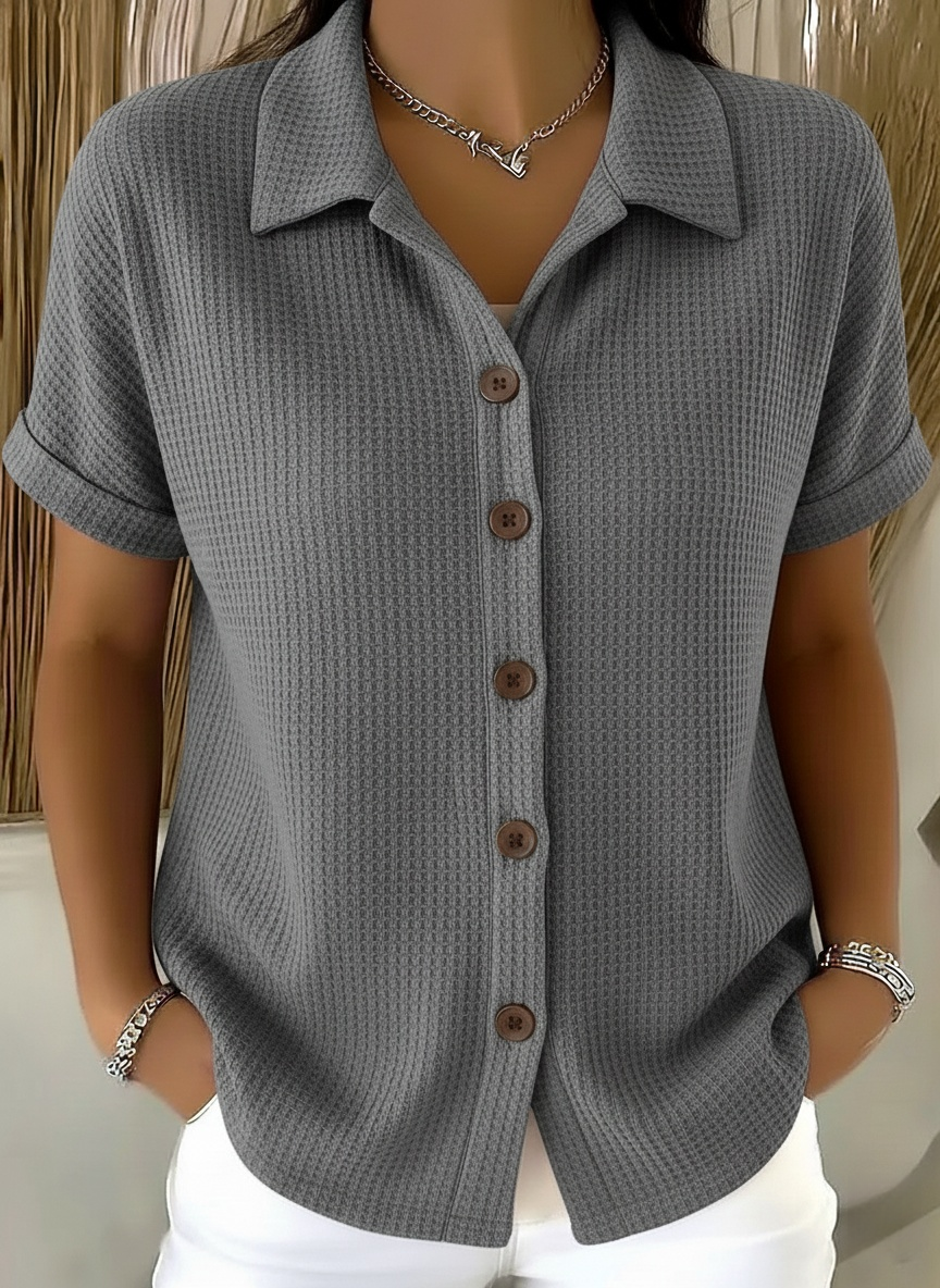 Casual Polo-collar Button-up Waffle Shirt