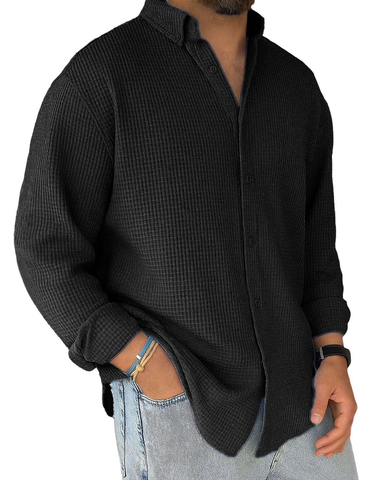 Men's Stylish Casual Everyday Waffle Long-sleeved Lapel Shirt 