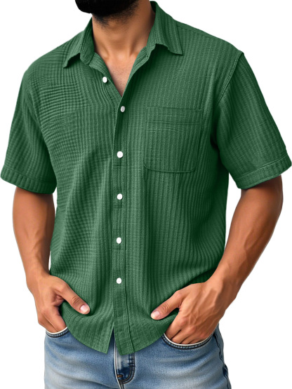 Men's Daily Casual Pleated Pocket Comfortable Solid Color Short Sleeve Shirt