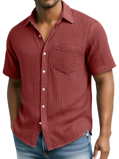 Men's Daily Pleated Texture Casual Pocket Comfort Short Sleeve Shirt