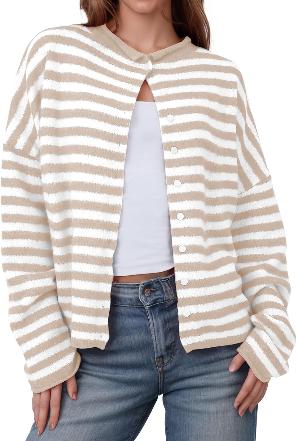 Womens Striped Cardigan Casual Long Sleeve Open Front Button Down Loose Knit Lightweight Fall Sweaters