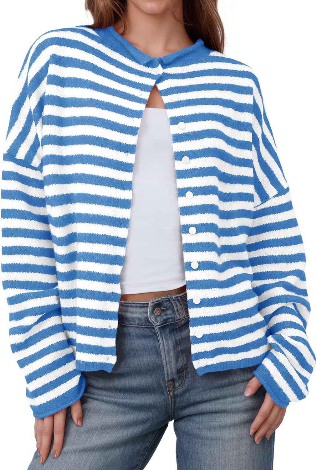 Womens Striped Cardigan Casual Long Sleeve Open Front Button Down Loose Knit Lightweight Fall Sweaters
