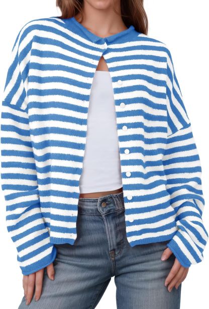 Womens Striped Cardigan Casual Long Sleeve Open Front Button Down Loose Knit Lightweight Fall Sweaters