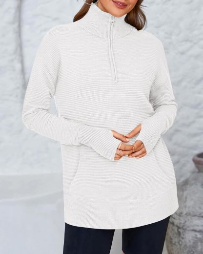 BTFBM Sweaters for Women Fall Winter Clothes 2025 Pocket Quarter Zip Pullover V Neck Long Sleeve Knit Trendy Sweater