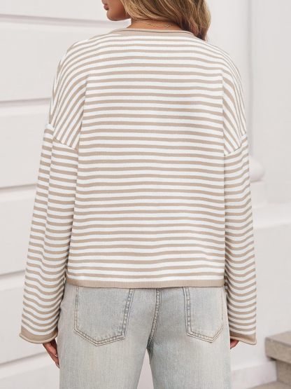 Womens Striped Cardigan Casual Long Sleeve Open Front Button Down Loose Knit Lightweight Fall Sweaters