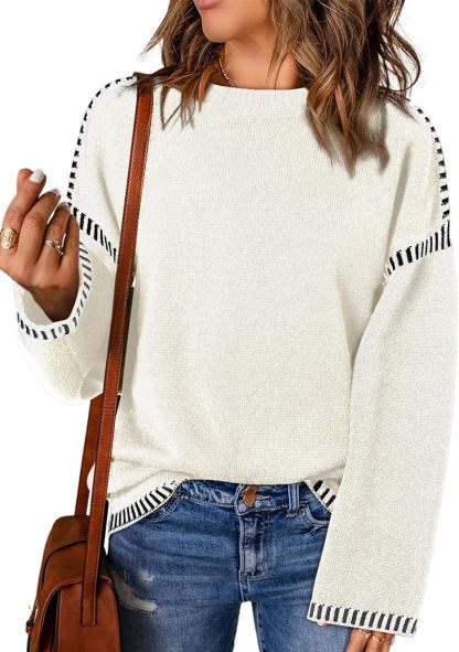 Women’s Casual Loose Fit Long Sleeve Solid Colour Crewneck Knit Sweater