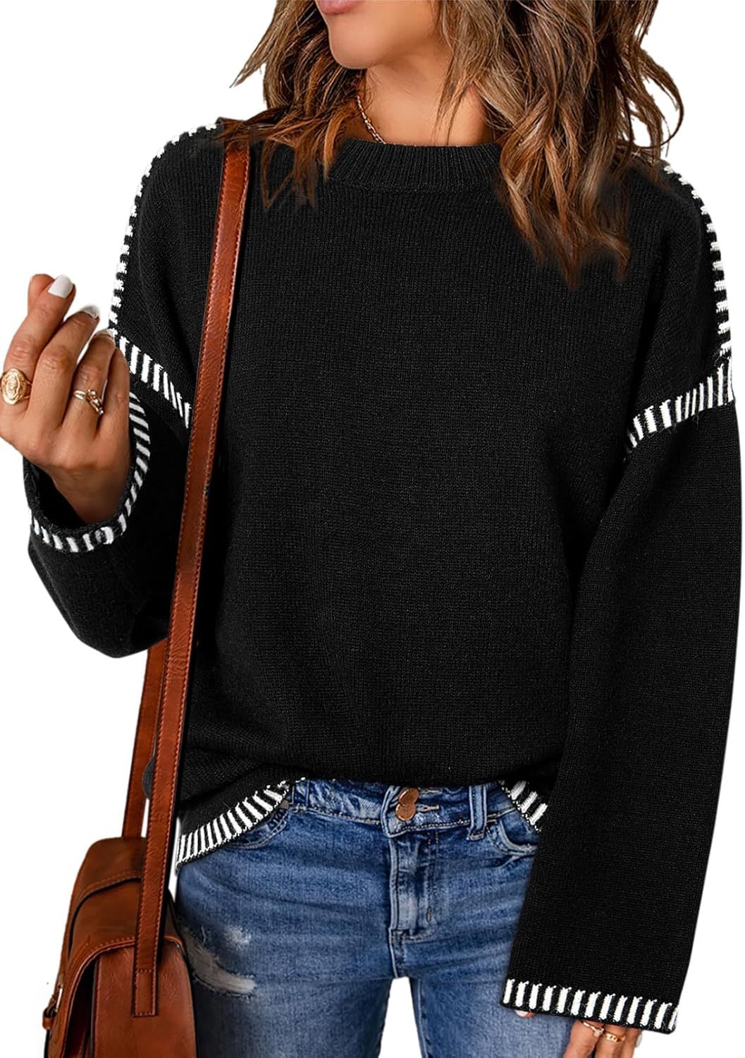 Women’s Casual Loose Fit Long Sleeve Solid Colour Crewneck Knit Sweater