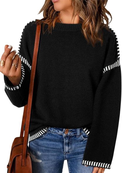 Women’s Casual Loose Fit Long Sleeve Solid Colour Crewneck Knit Sweater
