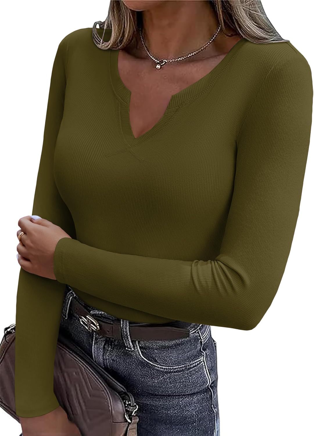 CLEARANCE SALE🔥Womens Long Sleeve Shirts V-Neck Slim Fitted Knit Top