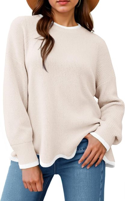 Womens Contrast Color Pullover Sweaters Crewneck Knit Tops with Wave Hem Long Sleeve Sweater Fall 2025
