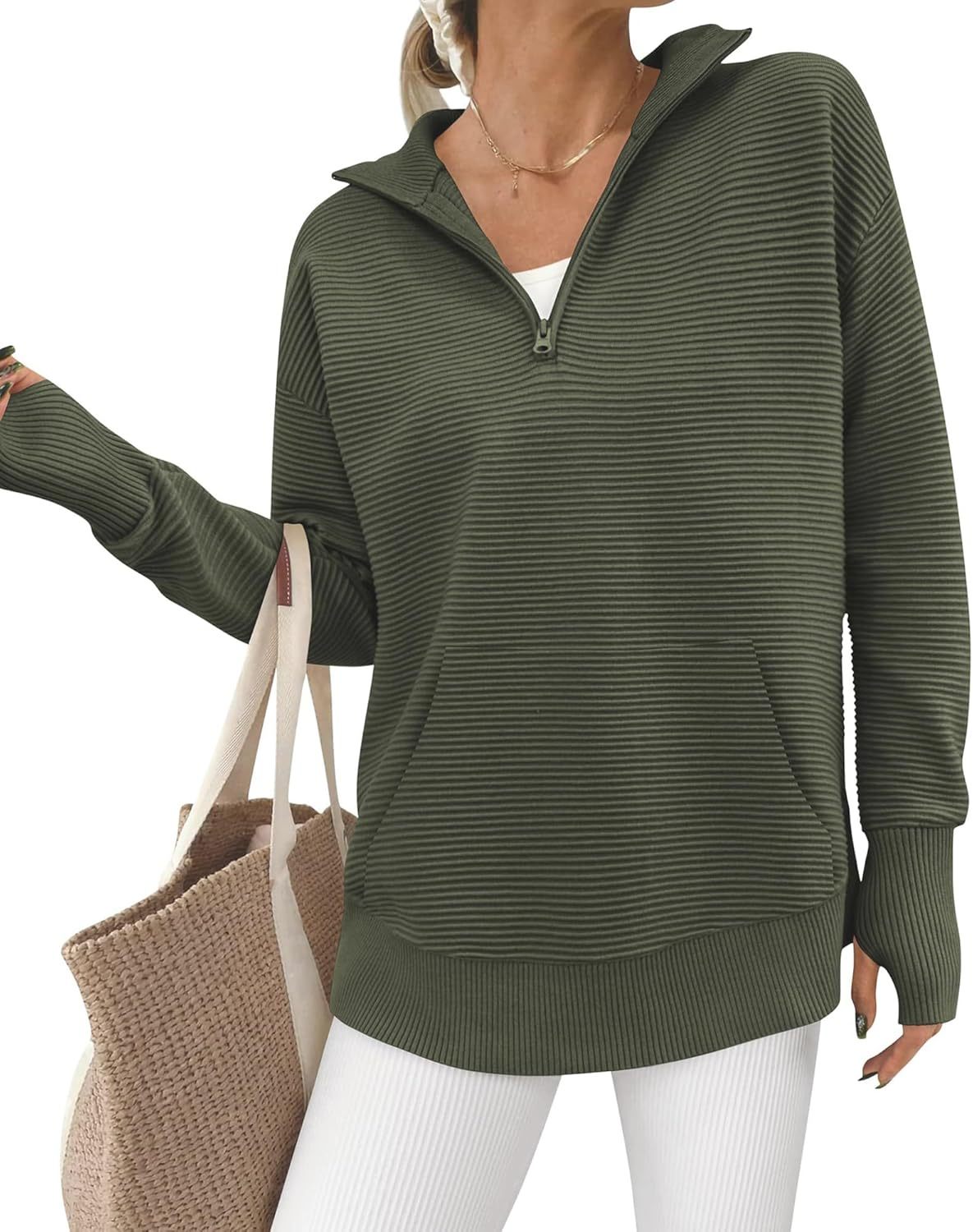 BTFBM Sweaters for Women Fall Winter Clothes 2025 Pocket Quarter Zip Pullover V Neck Long Sleeve Knit Trendy Sweater