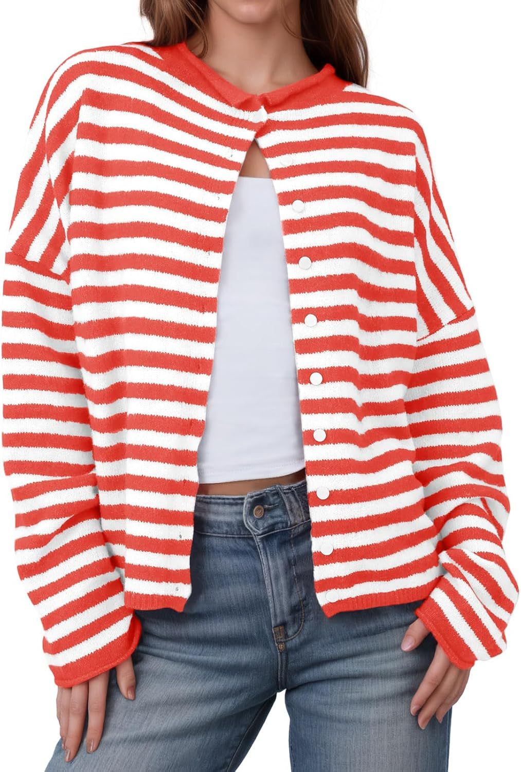 Womens Striped Cardigan Casual Long Sleeve Open Front Button Down Loose Knit Lightweight Fall Sweaters
